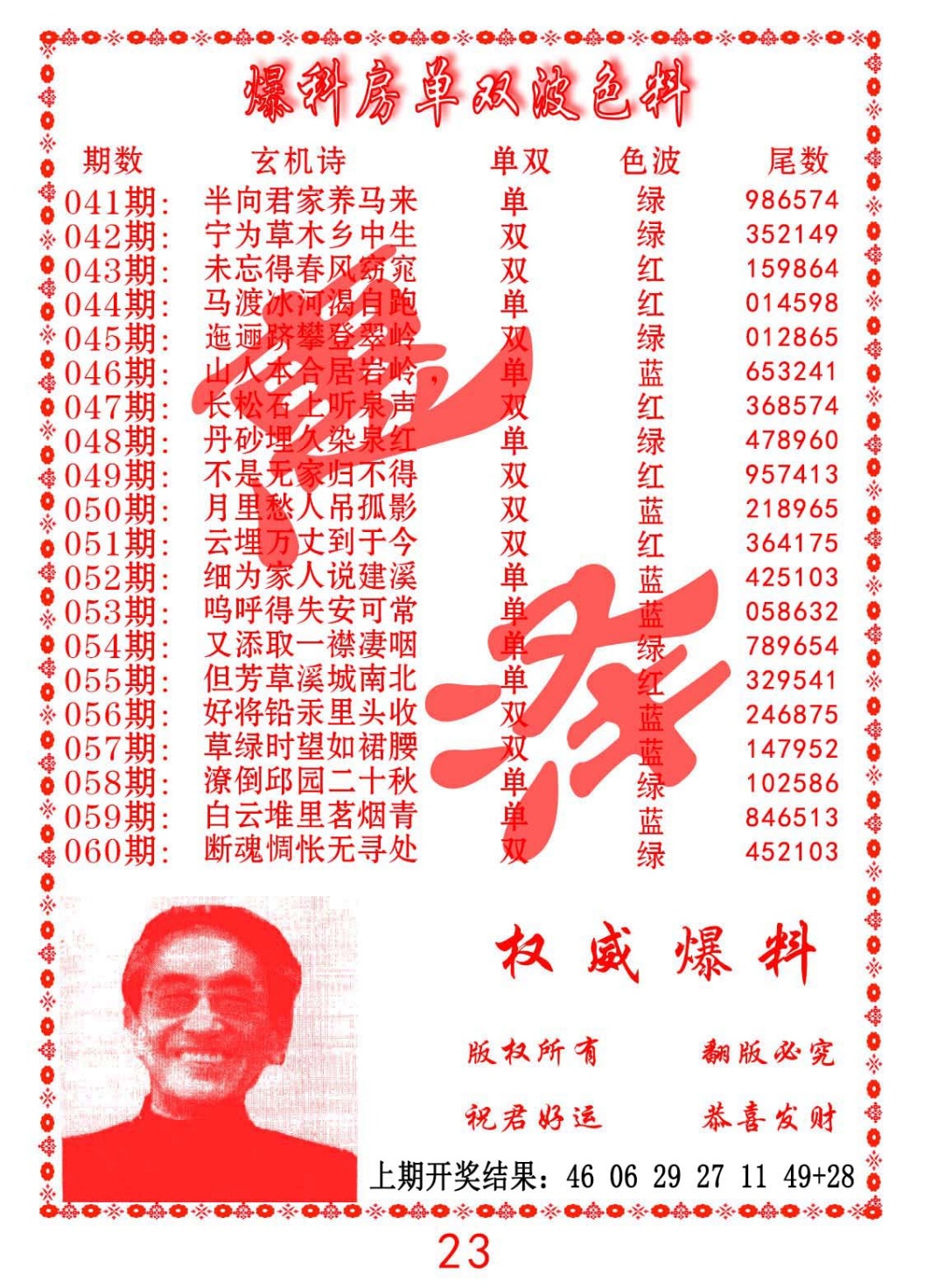 041期爆料房单双波色料[图]